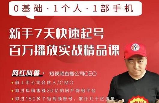 网红叫兽·新手7天快速起号百万播放实战精品课，0基础1个人1部手机-买得值资源库