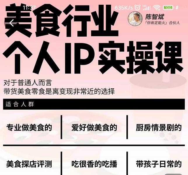 美食行业个人IP实操课，对于普通人而言，带货美食零食是离变现非常近的选择-买得值资源库