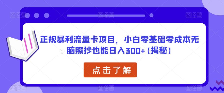 正规暴利流量卡项目，小白零基础零成本无脑照抄也能日入300+【揭秘】-买得值资源库