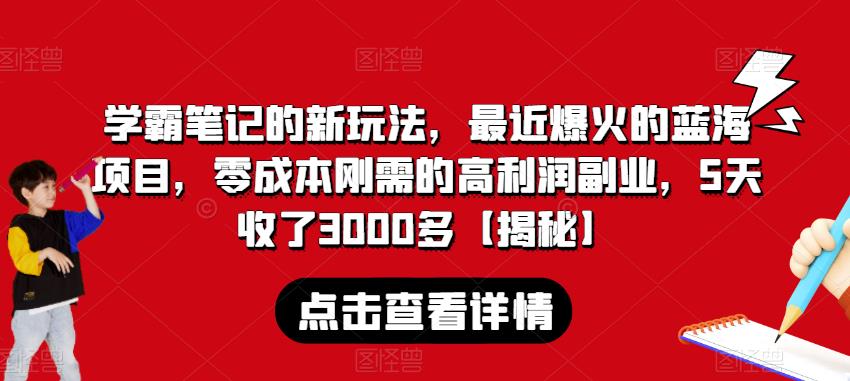 学霸笔记的新玩法，最近爆火的蓝海项目，零成本刚需的高利润副业，5天收了3000多【揭秘】-买得值资源库