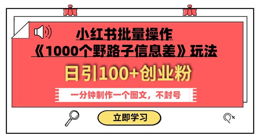 小红书批量操作《1000个野路子信息差》玩法，一分钟制作一个图文，不封号，日引100+创业粉-买得值资源库