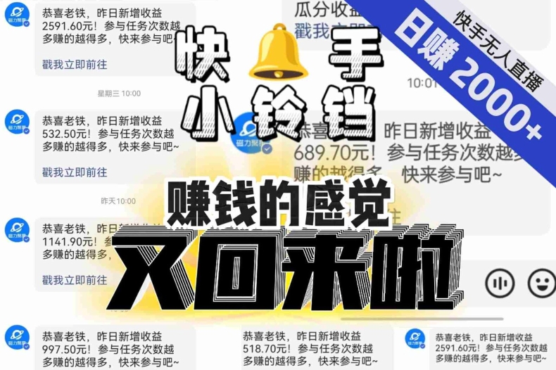 【无人直播】单号日入2000+，可矩阵、可放大，快手无人直播小铃铛，让狂赚的感觉又回来了！-买得值资源库