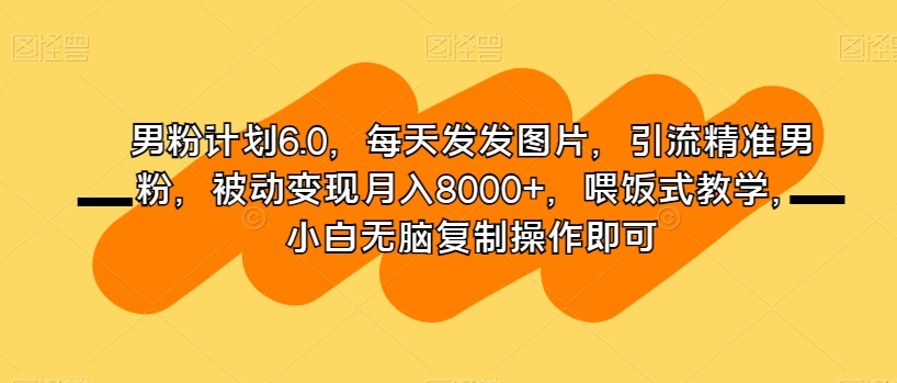 男粉计划6.0，每天发发图片，引流精准男粉，被动变现月入8000+，喂饭式教学，小白无脑复制操作即可-买得值资源库