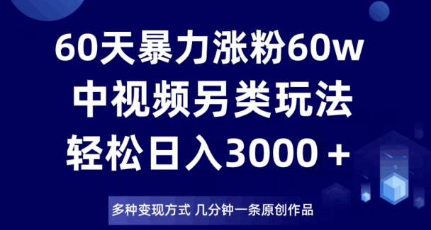 60天暴力涨粉60W，中视频另类玩法，日入3000＋，几分钟一条原创作品多种变现方式-买得值资源库