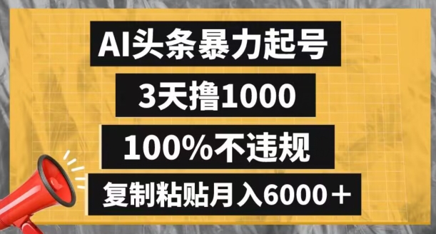 AI头条暴力起号，3天撸1000,100%不违规，复制粘贴月入6000＋【揭秘】-买得值资源库