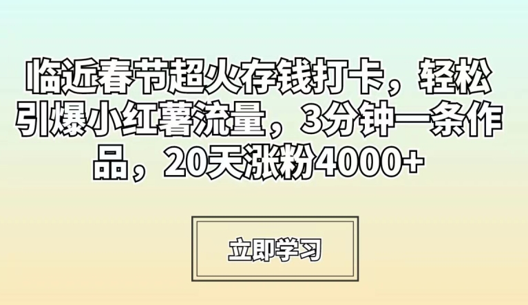临近春节超火存钱打卡，轻松引爆小红薯流量，3分钟一条作品，20天涨粉4000+【揭秘】-买得值资源库