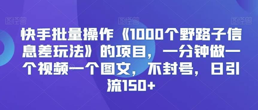 快手批量操作《1000个野路子信息差玩法》的项目，一分钟做一个视频一个图文，不封号，日引流150+【揭秘】-买得值资源库