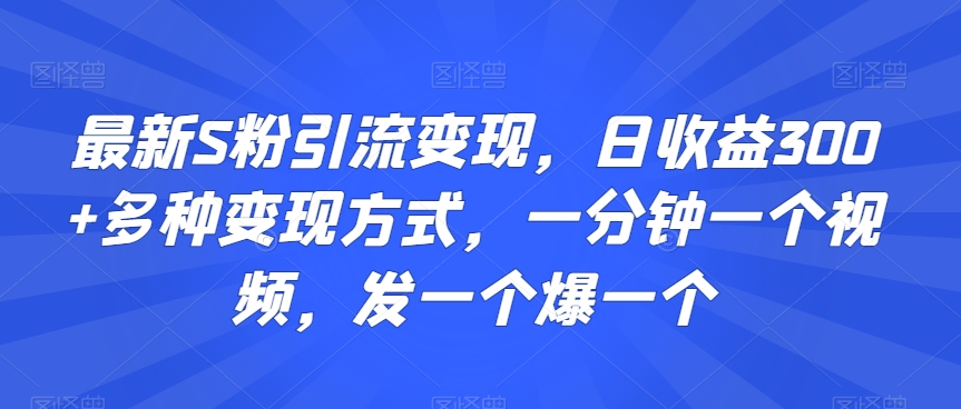 最新S粉引流变现，日收益300+多种变现方式，一分钟一个视频，发一个爆一个【揭秘】-买得值资源库