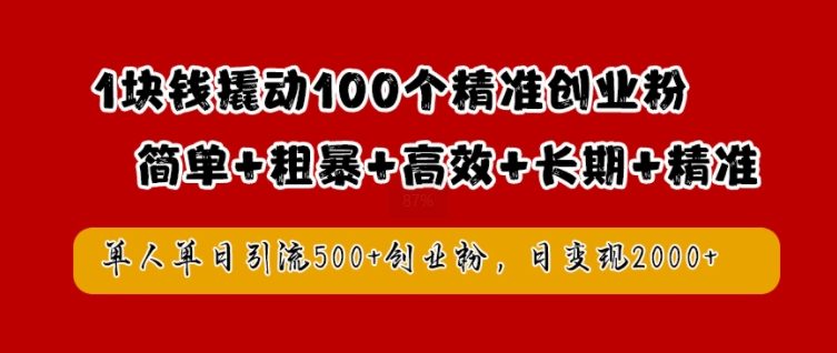 1块钱撬动100个精准创业粉，简单粗暴高效长期精准，单人单日引流500+创业粉，日变现2k【揭秘】-买得值资源库