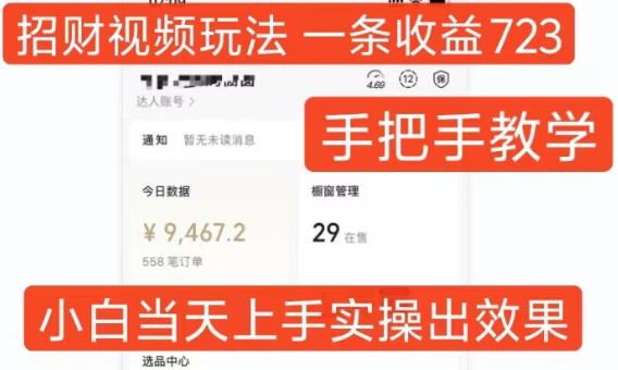招财视频玩法，一条视频收益723，手把手教学，小白当天可上手-买得值资源库