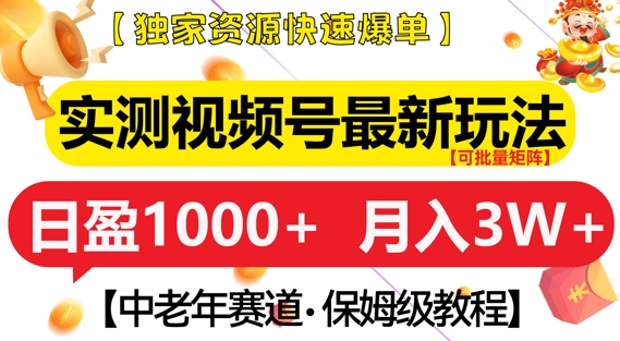 实测视频号最新玩法，中老年赛道，独家资源，月入过W+【揭秘】-买得值资源库