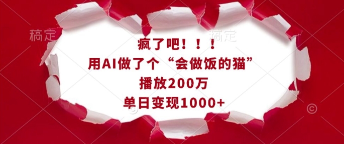 疯了吧！用AI做了个“会做饭的猫”，播放200万，单日变现1k-买得值资源库