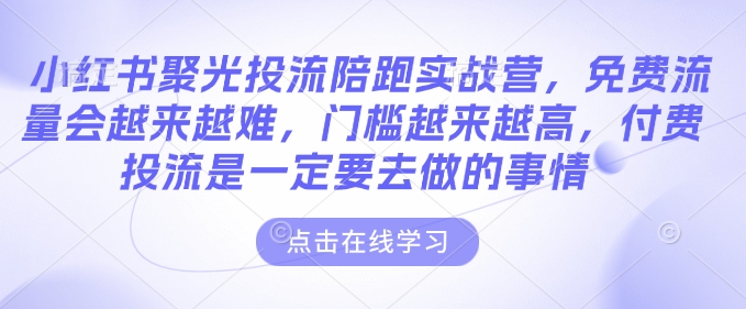 小红书聚光投流陪跑实战营，免费流量会越来越难，门槛越来越高，付费投流是一定要去做的事情-买得值资源库