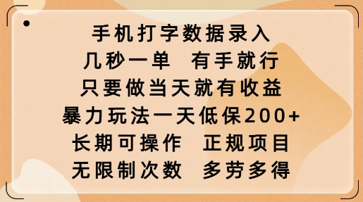 手机打字数据录入，几秒一单，有手就行，只要做当天就有收益，暴力玩法一天低保2张-买得值资源库